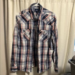 Old Navy Casual Plaid Shirt - Navy and Peach